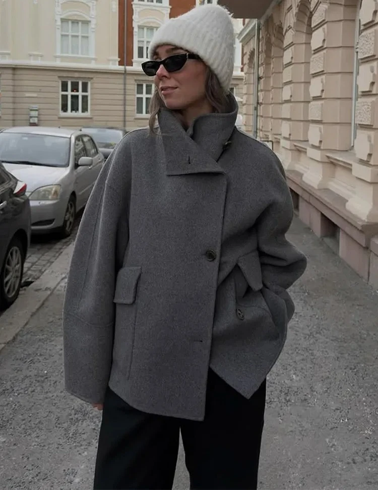 

Autumn Winter Stand Collar Coat Women Big Pockets Wool Blend Long Sleeve Single-breasted Thick Jacket Female Lady Outwears