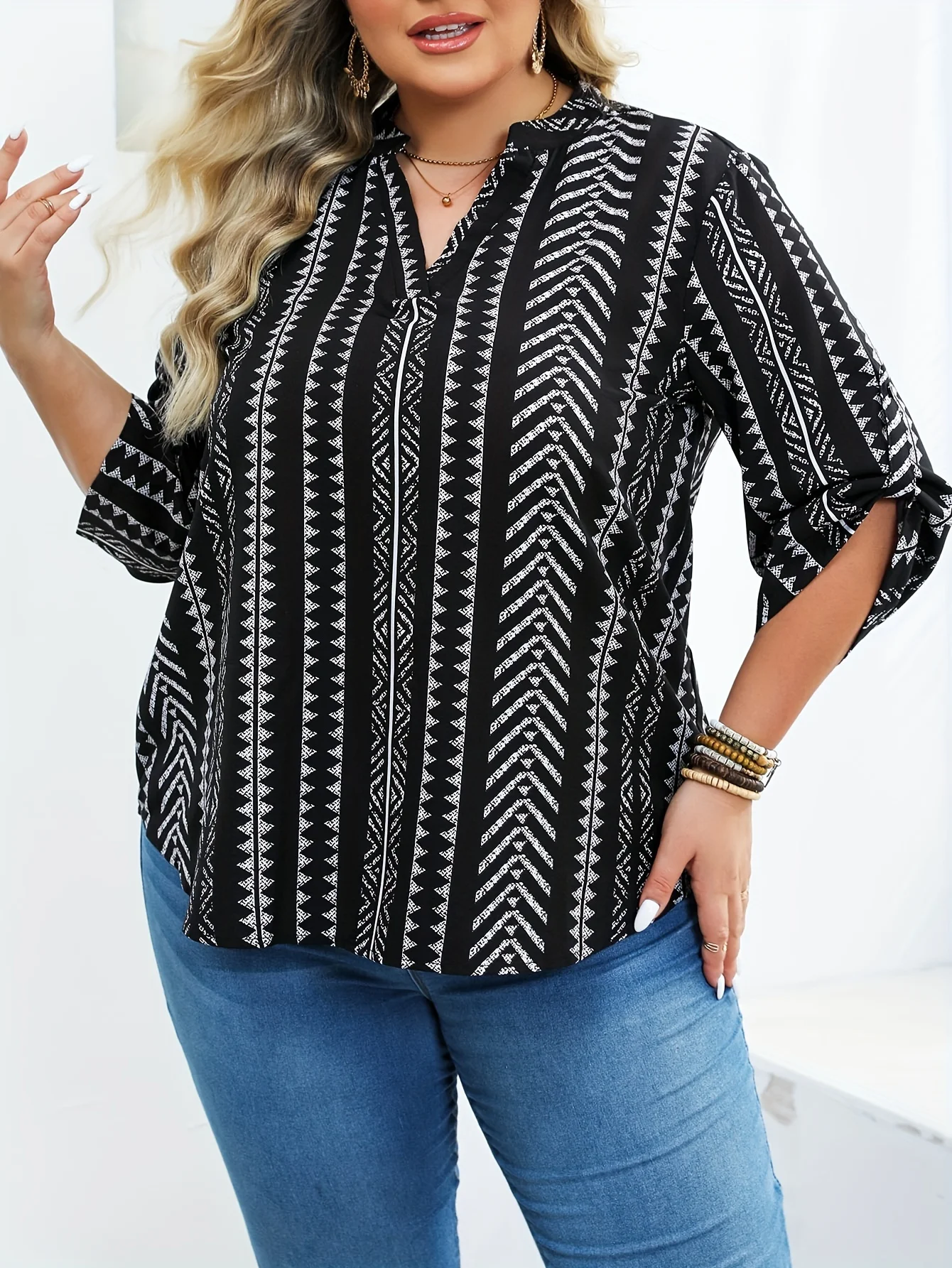 Women's Plus-Size Summer Top with Split Neck and Roll-Tab 3/4 Sleeves