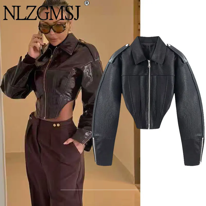 Nlzgmsj 2026 Autumn Women  PU Leather Jacket Lapel Shoulder Strap Detail Slim Waist Cutout Short Faux Leather Coat Y2K  Tops