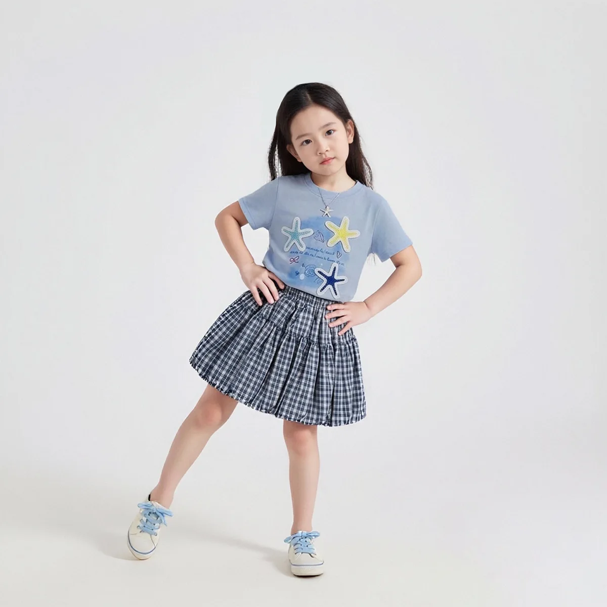 

2026 Summer Girls Set New Short Sleeve Cartoon T-shirt Checkered Flower Bud Skirt Two Piece Set