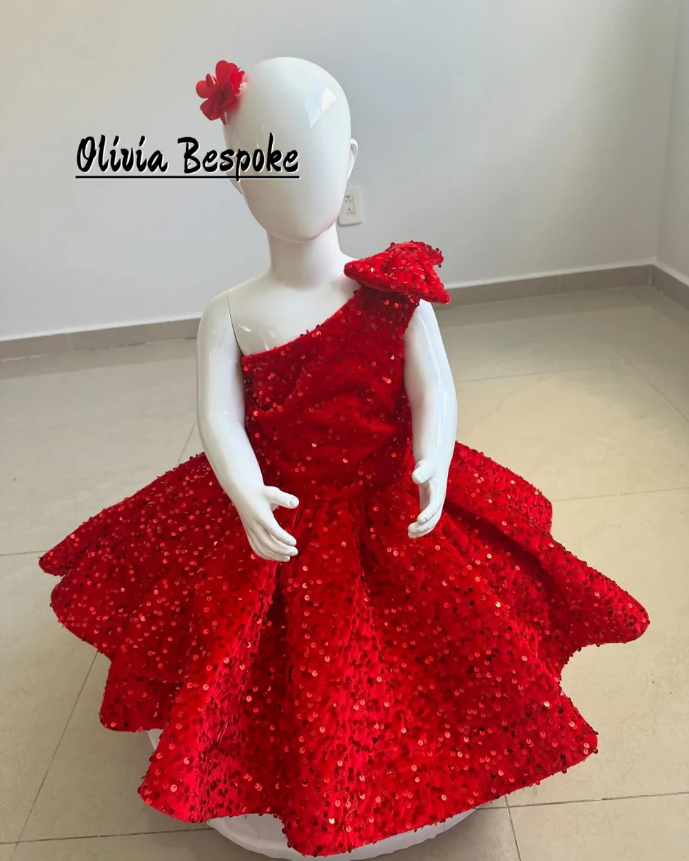 

Red Sequin Flower Girls Dresses For Wedding Party Bow One Shoulder Ball Giwn Girl's Birthday Princess Prom Dress Customized