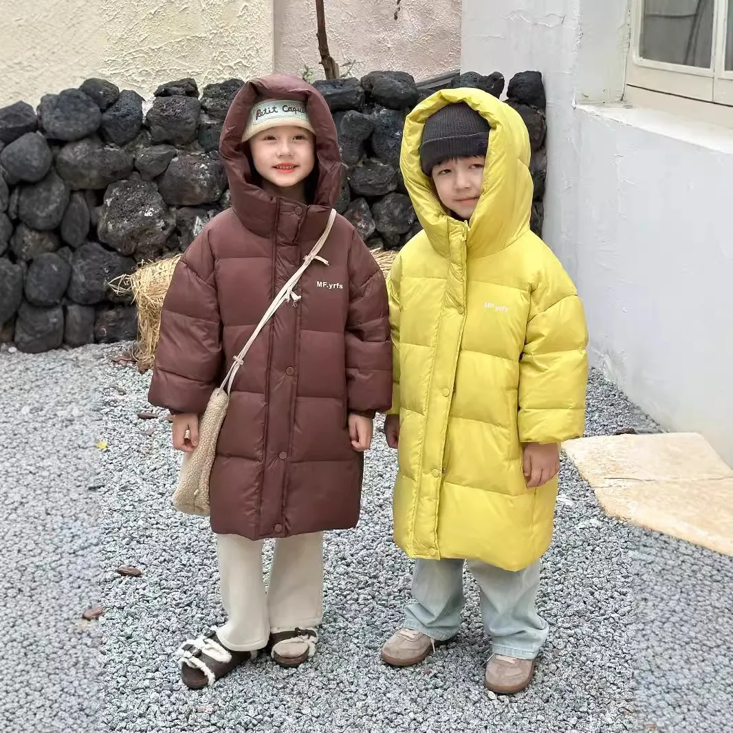 

Girls Boys White Duck Down Jacket 2024 Autumn Winter Medium Long Down Jacket Children Hooded Coat Baby Thickening Foreign Style