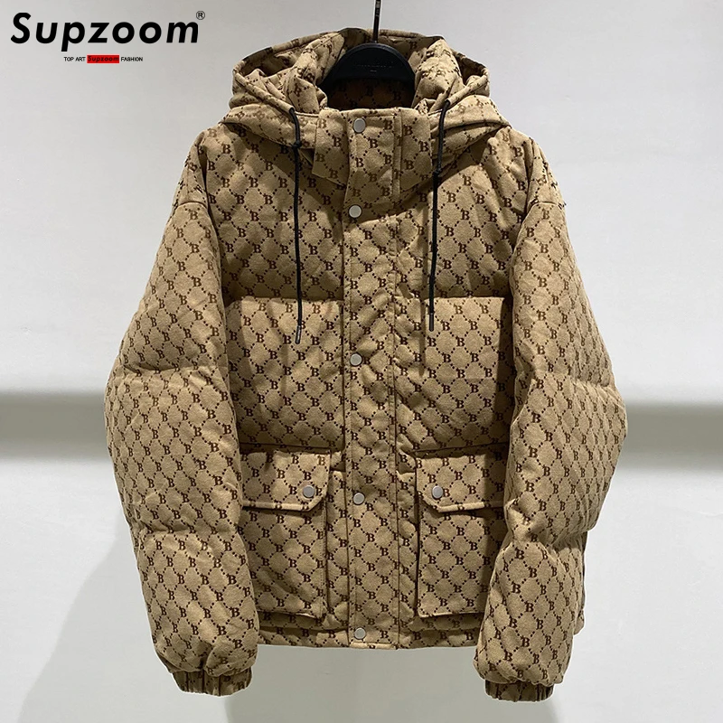 Supzoom 2022 New Arrival Top Fashion Winter Large Embroidery Letters Plaid Loose Warm Hooded Cotton Padded Coat Casual Jackets