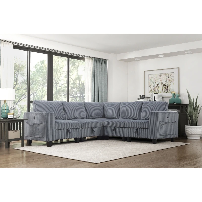 5-Piece Modular Sectional with Storage Seats, Side Pockets, Charging Ports Dark Gray Corduroy Fabric Modern Living Room Sectiona