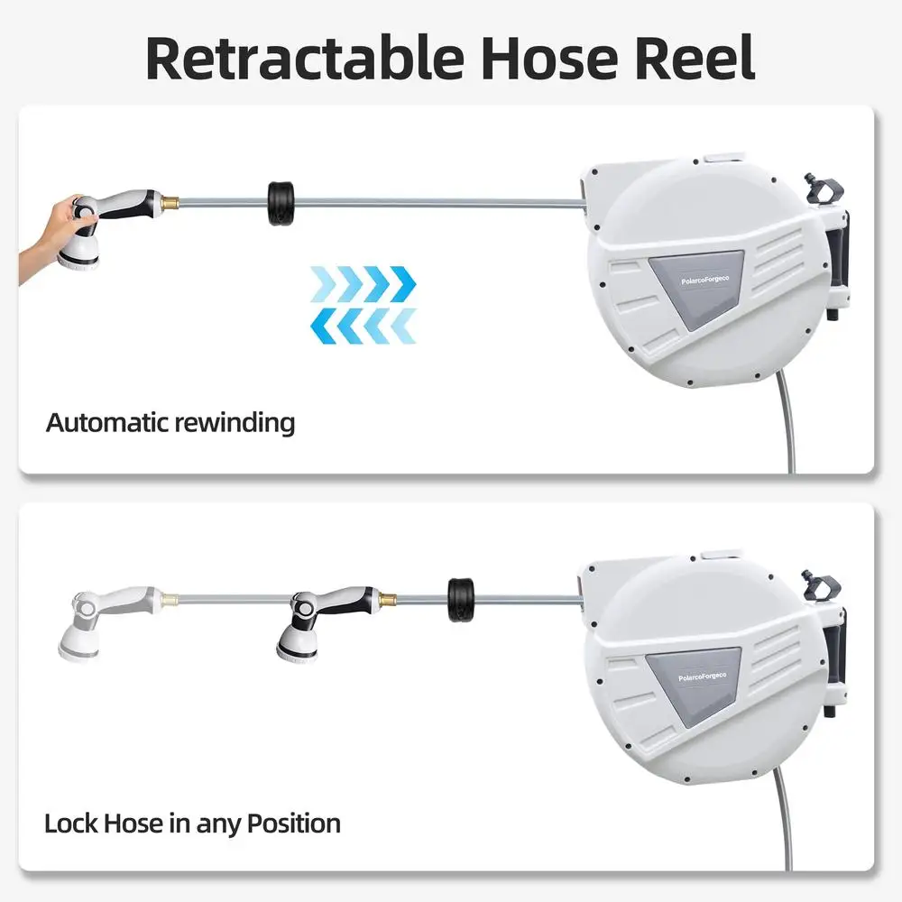 真ちゅう製コネクタ付き格納式ガーデンホースリール、10機能ノズル、ウォールマウント、180 ° スイベルブラケット、自動巻き戻しシステム、65フィート