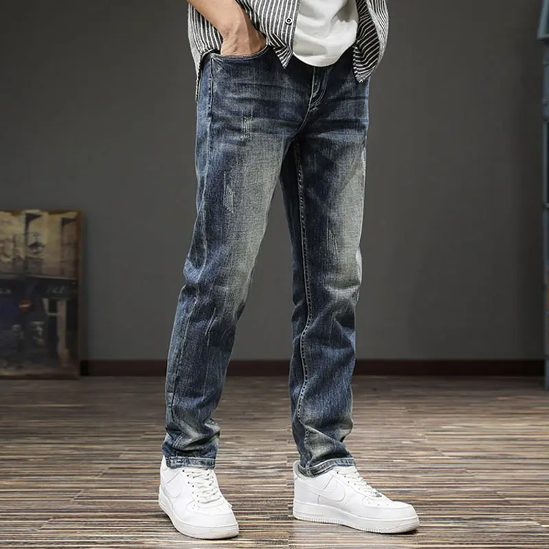Fashion designer men's washed blue jeans, retro elastic slim fit corrugated jeans, men's straight leg pants, retro denim pants,