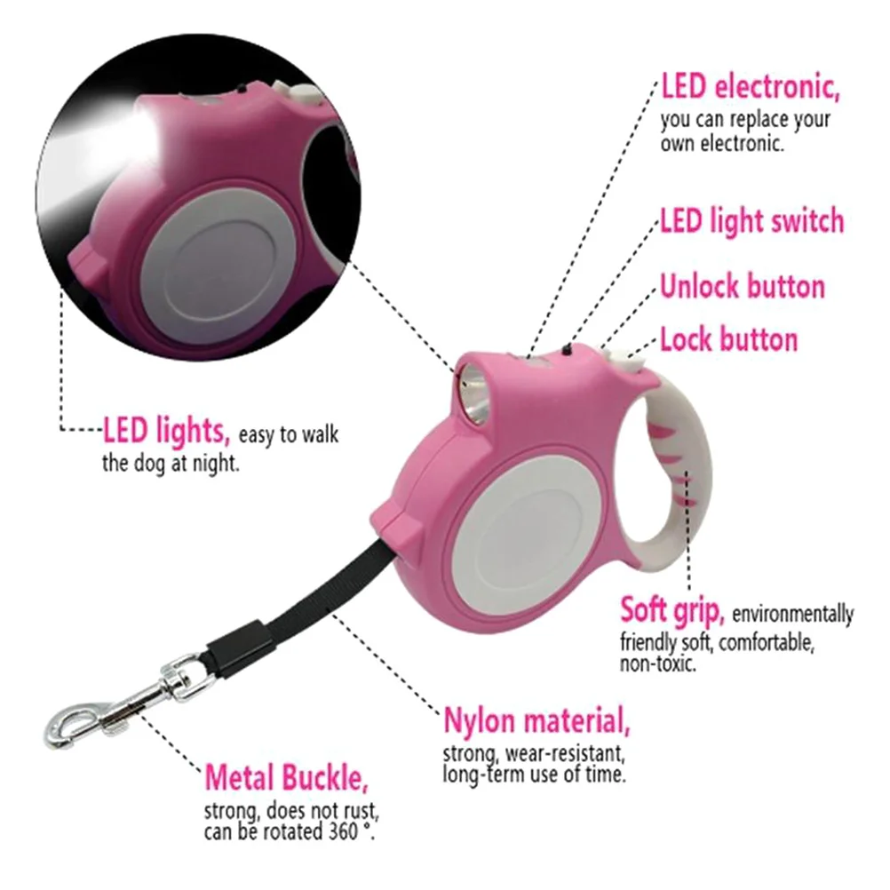 

Pet Dog Puppy Cat Automatic Retractable Leash Pink Telescopic Traction Rope Heavy-Duty Metal Hook Large Handle LED Travel Lights
