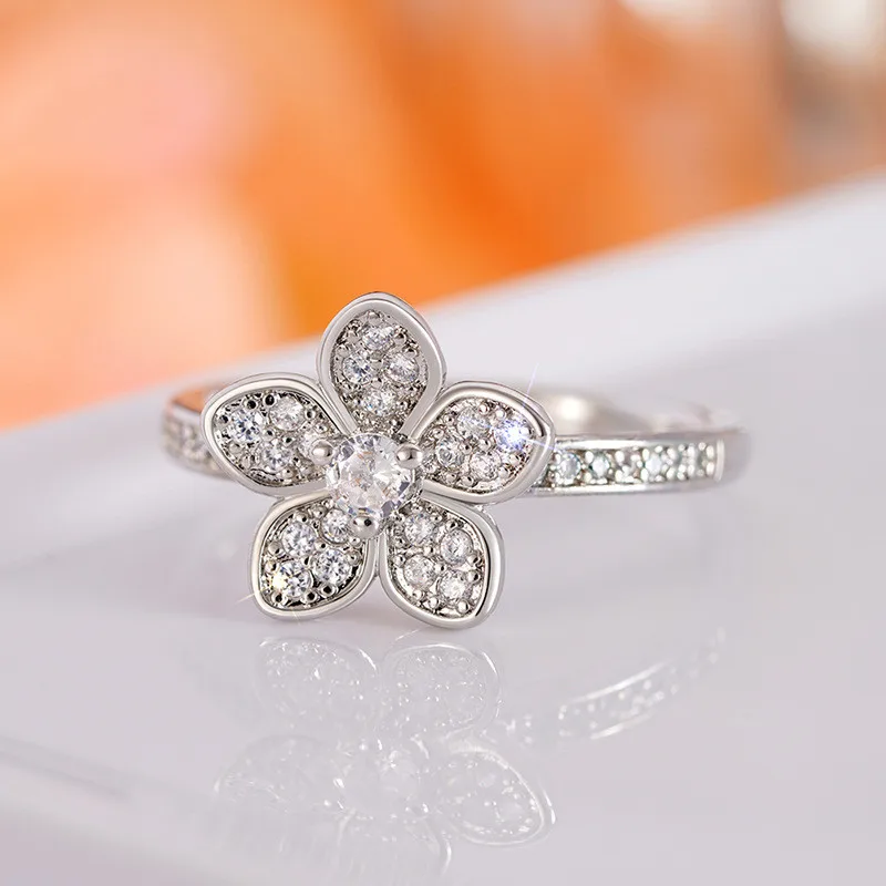 925 Sterling Silver Flower Finger Ring for Women Dazzling Cubic Zirconia Wedding Accessories Aesthetic Jewelry