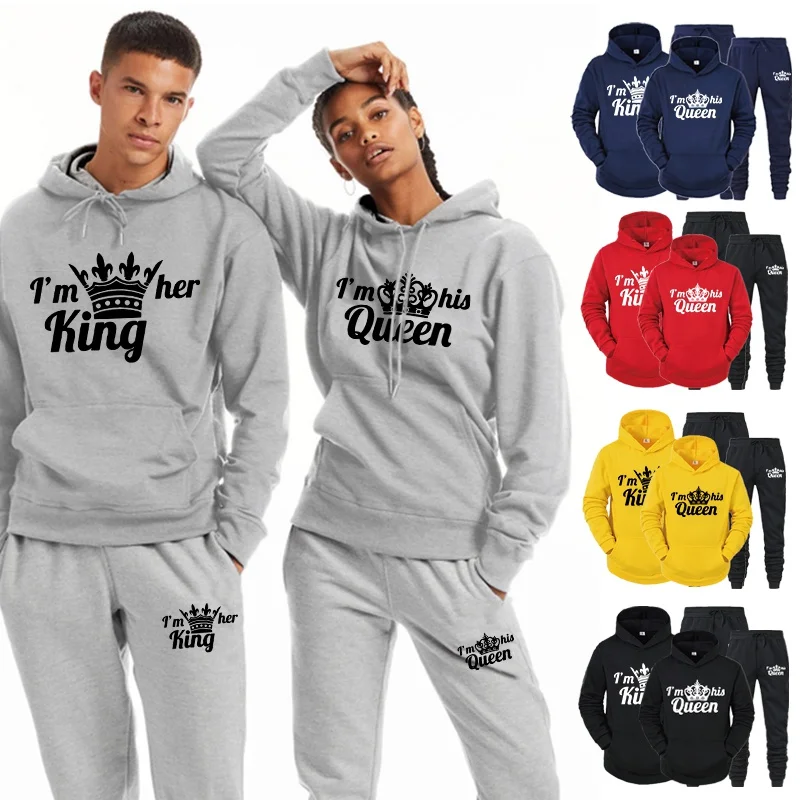 Ensemble de survêtement deux pièces pour femme, sweat à capuche pour couple, sweats à capuche pour amoureux, impression d\'appels, EEN KING, grande