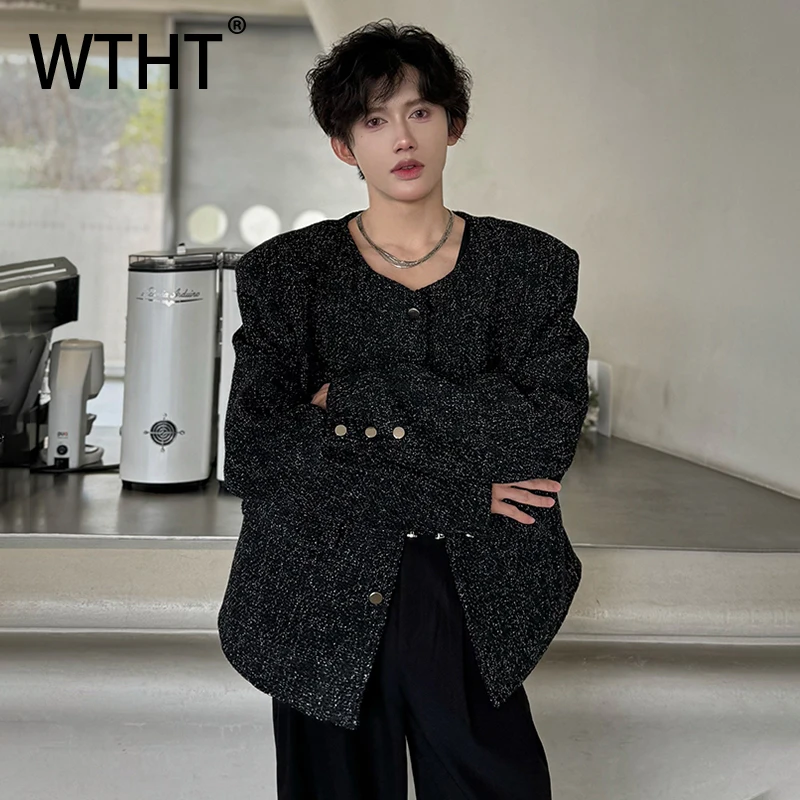 

WTHT Trendy Men's Solid Color Loose Pockets Round Neck Jackets Fashion Long Sleeves Single-breasted Coat Male 2025 Autumn 2A1257