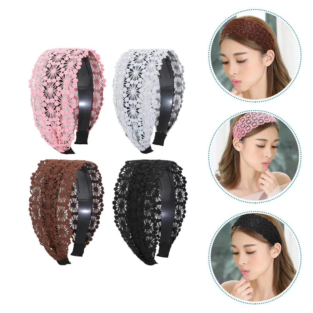 

4Pcs Wide Headbands Anti- Decorative Lace Hairbands for Women Headdresses Fashion Hair Accessories