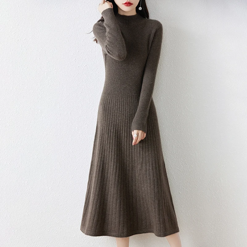 Hot Sale 100% Pure Wool Knitted Sweater Women Long Sleeve Standard Cashmere Knitwear 2023 Winter New Fashion Female Dresses