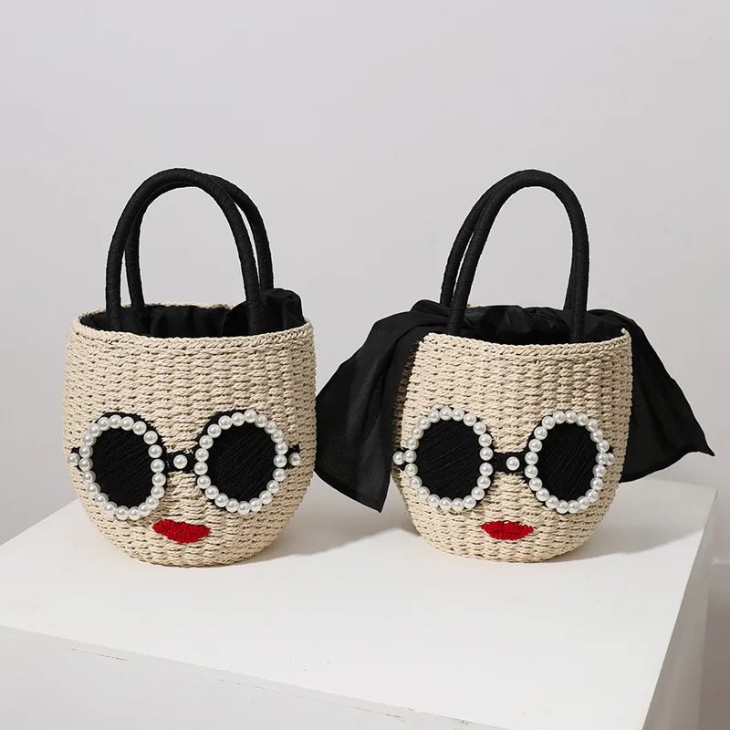 Japanese Fashion Rattan Hand Bag Glasses Red Lips Straw Women Cute Cartoon Shoulder Crossbody Beach Bag Bucket Bag Female