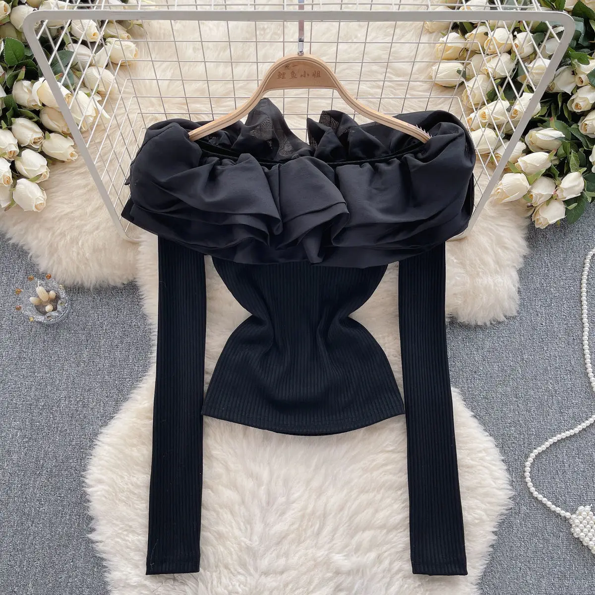 2024 New Fall Winter Short Knitted T-Shirt Sexy Off Collar Ruffles Three-dimensional Flower Women Crop Top Long Sleeve Tees