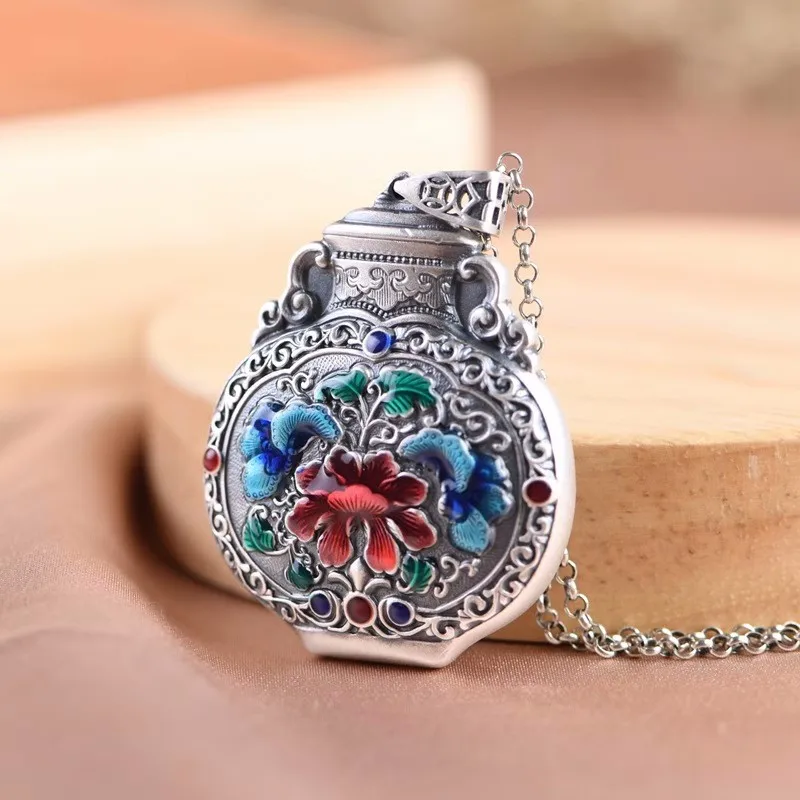 Silver 925 Enamel Colored Cloisonn Craftsm Chinese Style Peony Flower Necklaces Double sided Embossed Vase Pendant Charm Jewelry