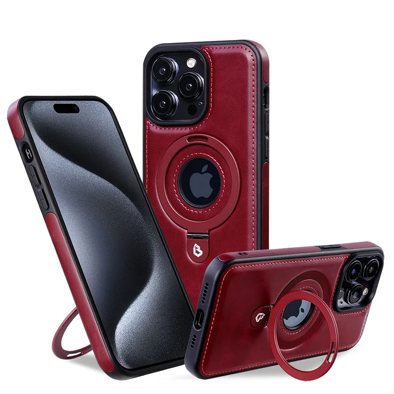 Роскошный чехол для телефона из искусственной кожи с магнитной подставкой и кольцом для iPhone 12, 13, 14, 15, 16 Pro Max Magsafe с полым логотипом и беспроводной зарядкой