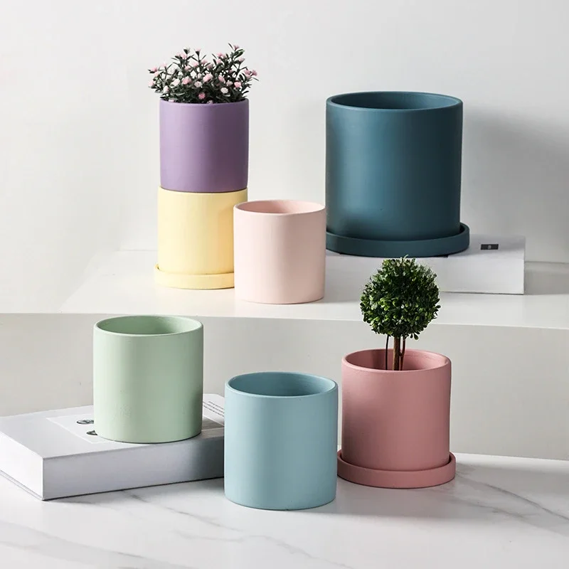 Morandi Solid Color Matte Ceramic Flower Pot Small Cylindrical Shape Pot with Tray Plant Succulent Planter for Indoor Greenery