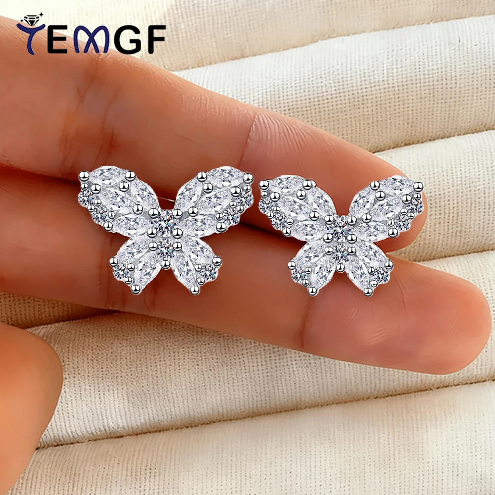 

TEMGF Full D Color Moissanite Studs Earrings for Women S925 Silver Butterfly Design Ear Jewelry Party Wedding Shiny Matching