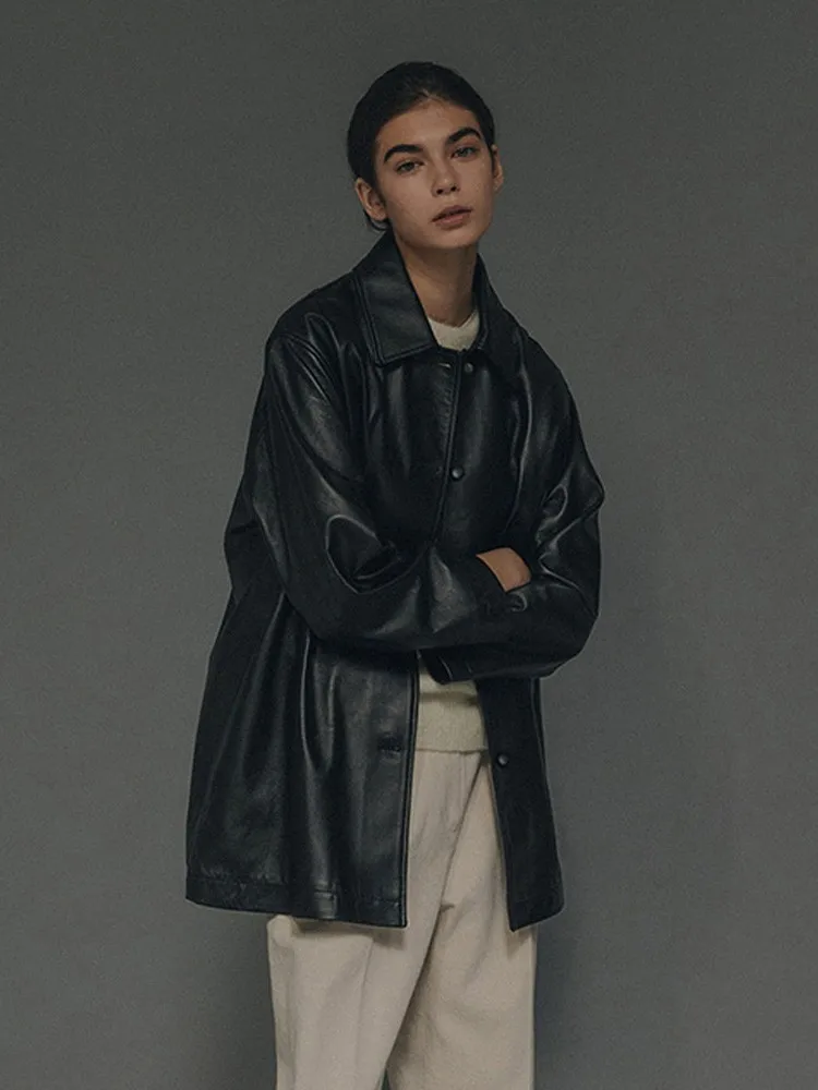 

Loose Fit Long Sleeve Leather Jacket for Women Spring 2026 Korean Style Casual Lapel Coat Commute Style Single Button Closure