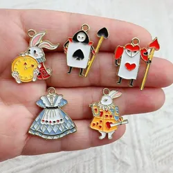 10pcs Enamel Alice Series Charms Girls Clock Rabbit Charms Pendants For Jewelry Earrings Necklace Alloy Accessories Golden Color