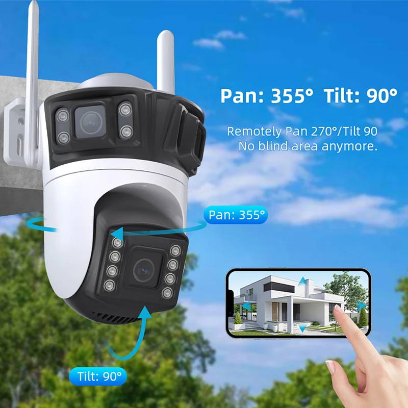 12MP WiFi IP Camera Outdoor Triple Lens Three Screen Security PTZ Surveillanc Camera AI Human Tracking CCTV Cam ICESS APP
