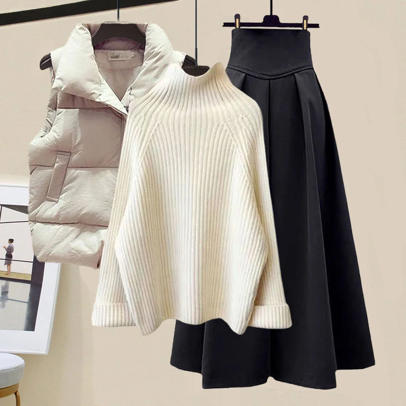 

Fashionable Autumn Winter Three-Piece Set High Collar Sweater Vest Slimming Skirt Cotton High Street Style Women's Ensemble