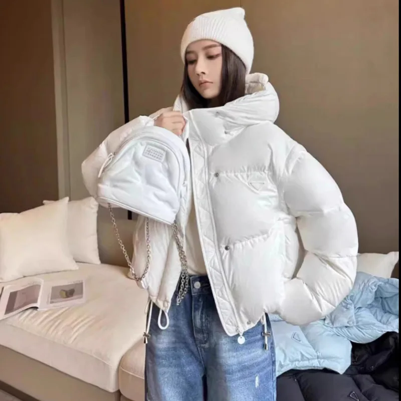 Jaket Hoodie lengan panjang wanita, jaket Parka longgar polos ritsleting lengan panjang, jaket hoodie gaya pendek bebek putih untuk wanita