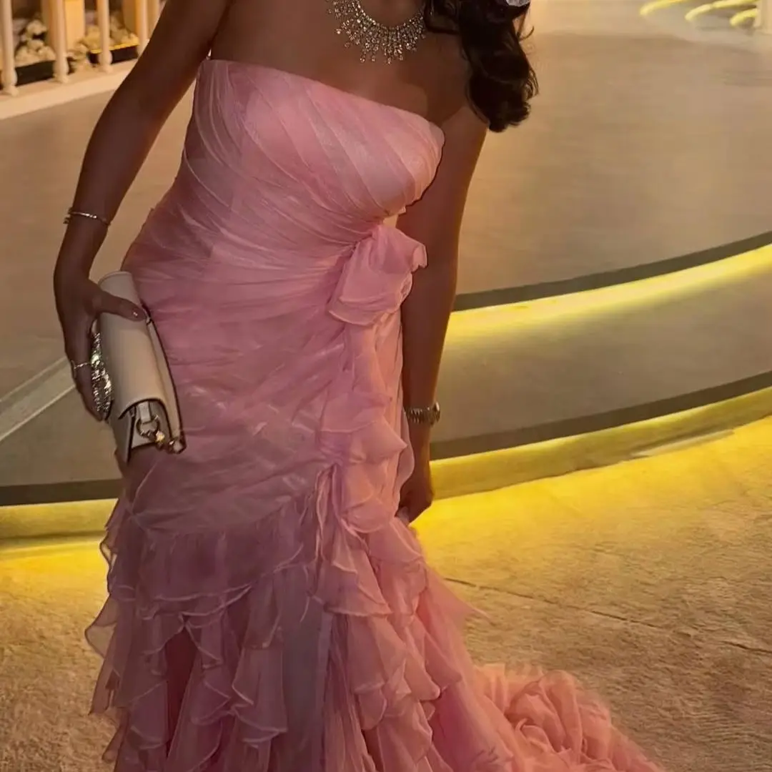 

MD Elegant Pink Chiffon Evening Dress Strapless Tiered Pleat Prom Gown Customized Birthday Party Dress 2025 فساتين سه