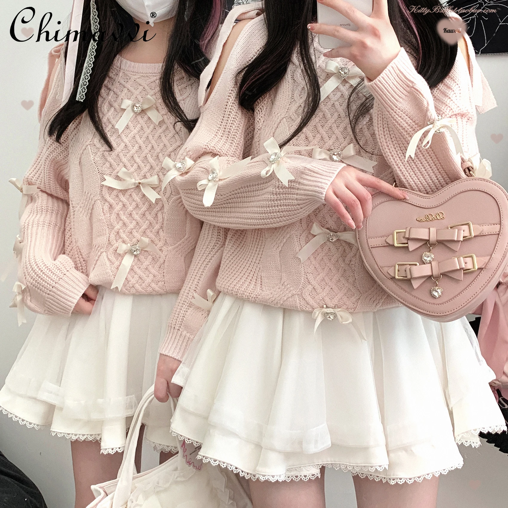 Original Sweet Girl Off-shoulder Loose Sweater Autumn Winter New Japanese Mine Tie Cute Ribbon Bow Kawaii Women's Knitted Top