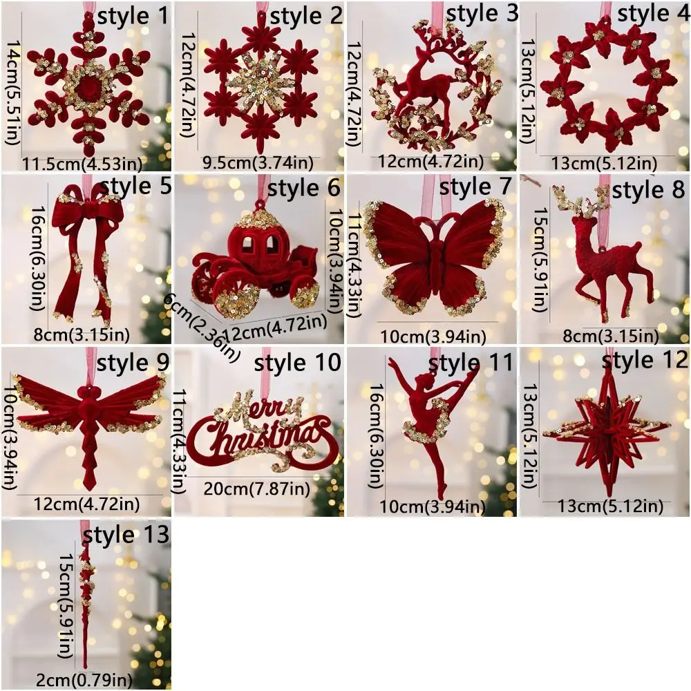 Wine Red Christmas Tree Pendant Gold Sequin Flocking Snowflake Elk Hanging Ornaments Glitter Bow Butterfly Dragonfly