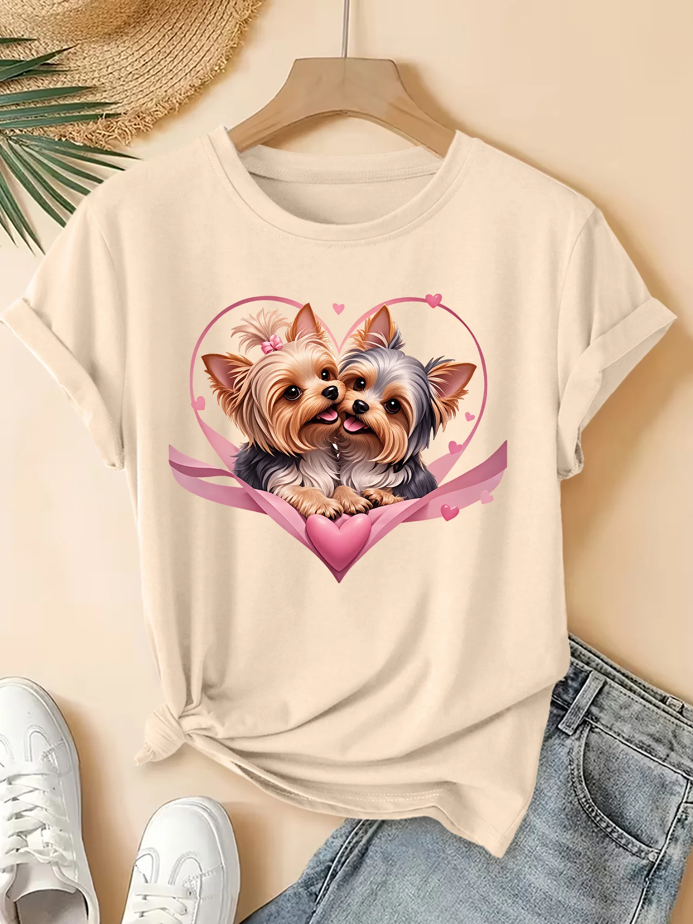 Women's Round Neck Yorkshire Dog Love Printed T-shirt Quality Women's Wear Fun and Bizarre Design Daily Thongler Playful Top