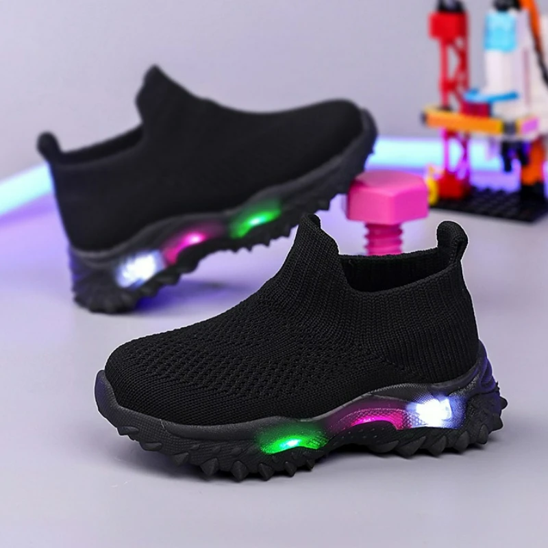 Kids LED Light Sneakers Spring New Knit Slip on Shoes Non Slip Soft Sole Lightweight Casual Walking Shoes for Boys and Girls