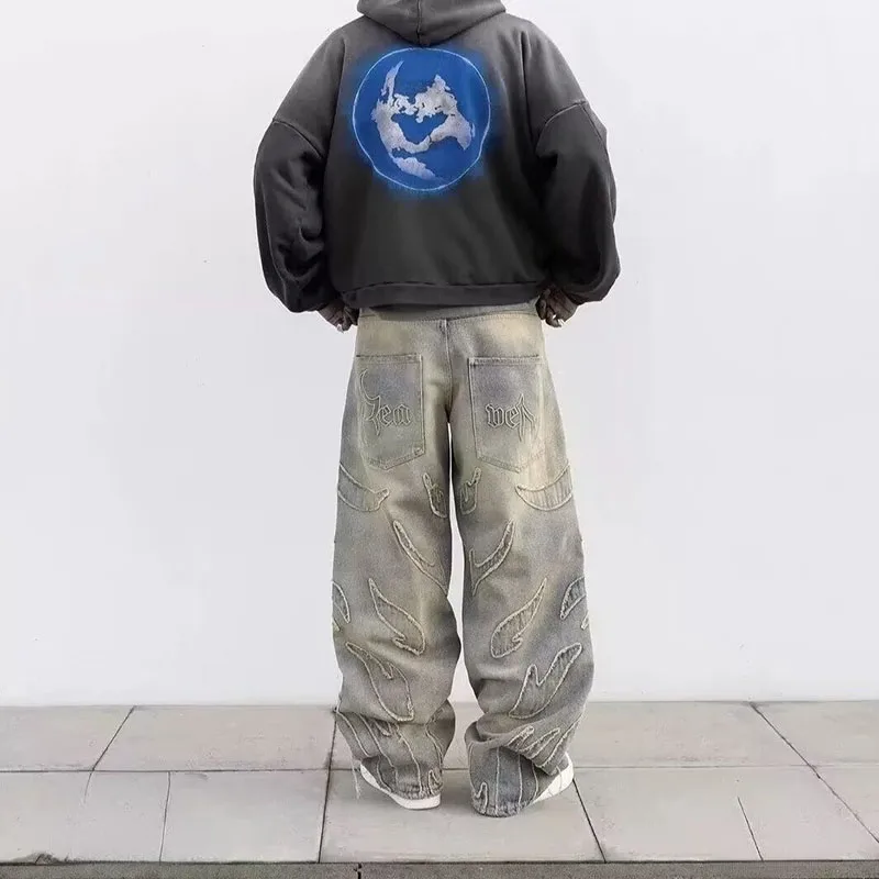 الخريف الكورية الرجعية الرجال الجينز مع الخفافيش نمط التطريز فضفاض الجينز الشارع موضة عادية مستقيم الساق السراويل #5