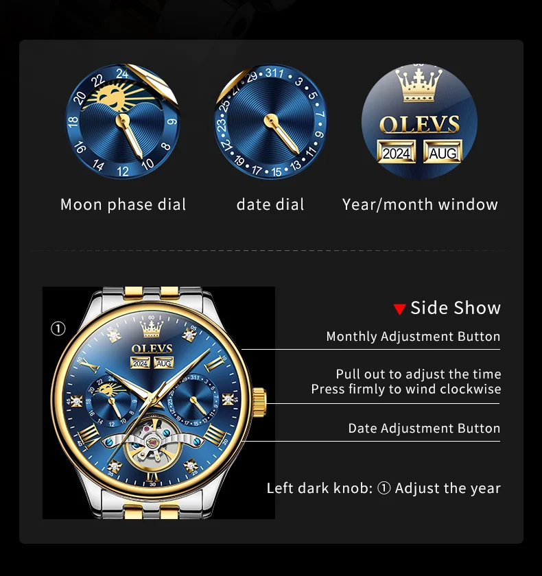 OLEVS 6691นาฬิกาผู้ชาย, นาฬิกากลไกอัตโนมัติอเนกประสงค์กันน้ำข้างแรม