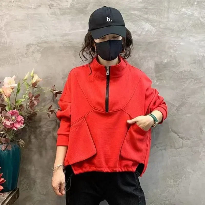 

Plain Loose Female Top Baggy Full Zip Up Pullovers Drawstring Women's with Zipper Sweatshirts Cropped Y2k Japanese Streetwear E