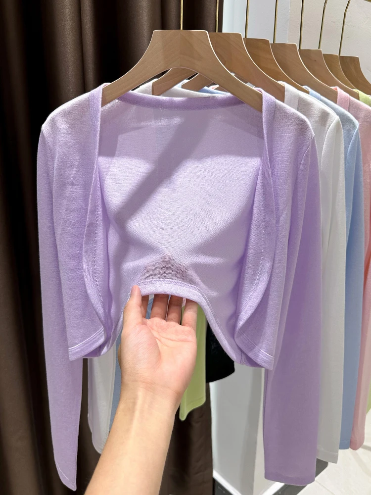 

Ultra-Thin Long-Sve Knitted Ice Silk awl Women's Summer ort Crop Top See-Tough Open Cardigan with Strap Dr Outerwear