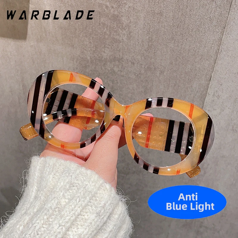 

Retro Stripe Yellow Anti Blue Light Glasses For Women 2025 Luxury Brand Large Round Eyeglasses Frame Retro Transparent Glasses