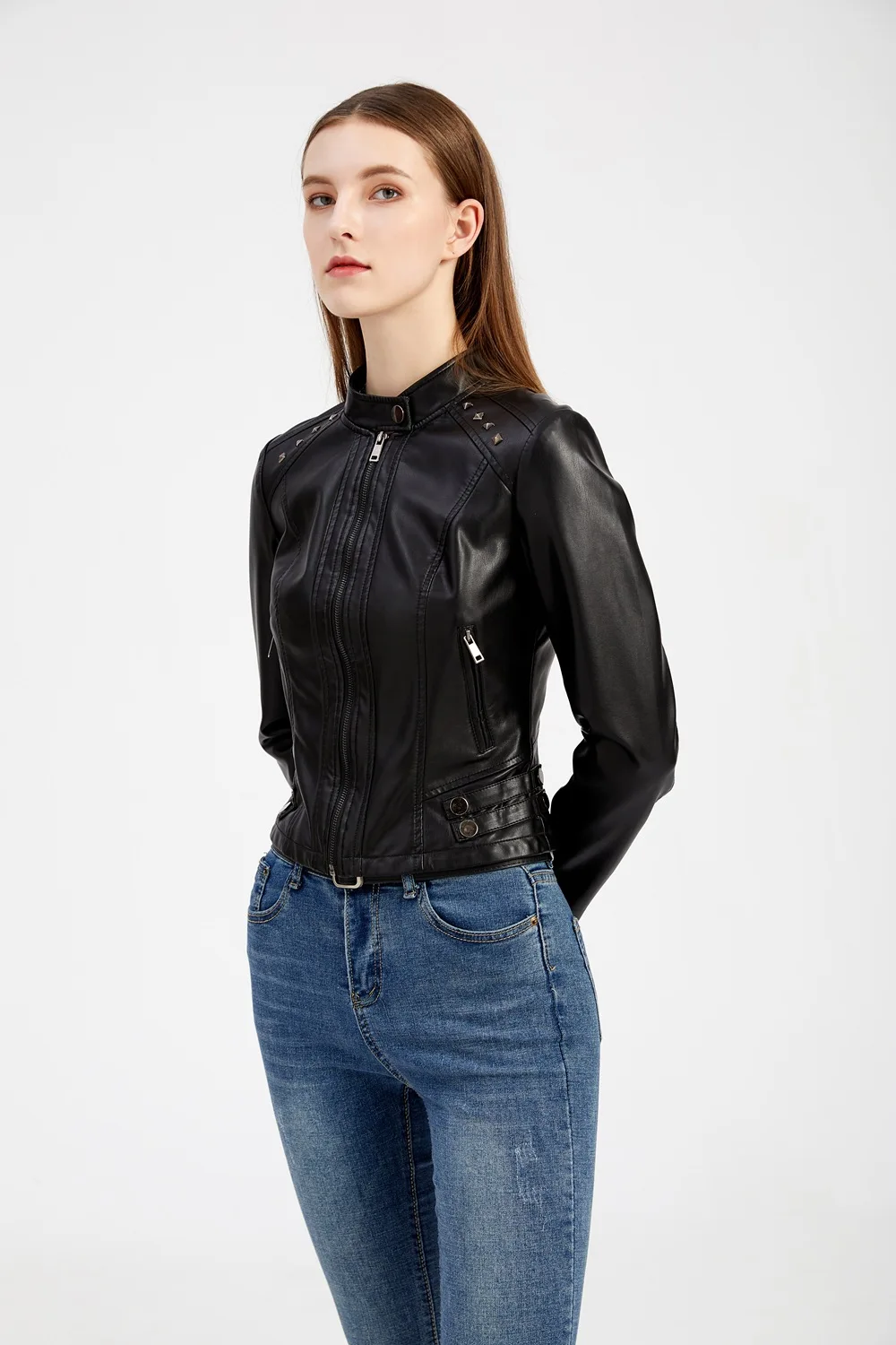 Women's Rivet PU zipper Leather Coat, Black Motorcycle Jacket, Standing Collar, Korean Punk Rock Fashion, Autumn and Winter