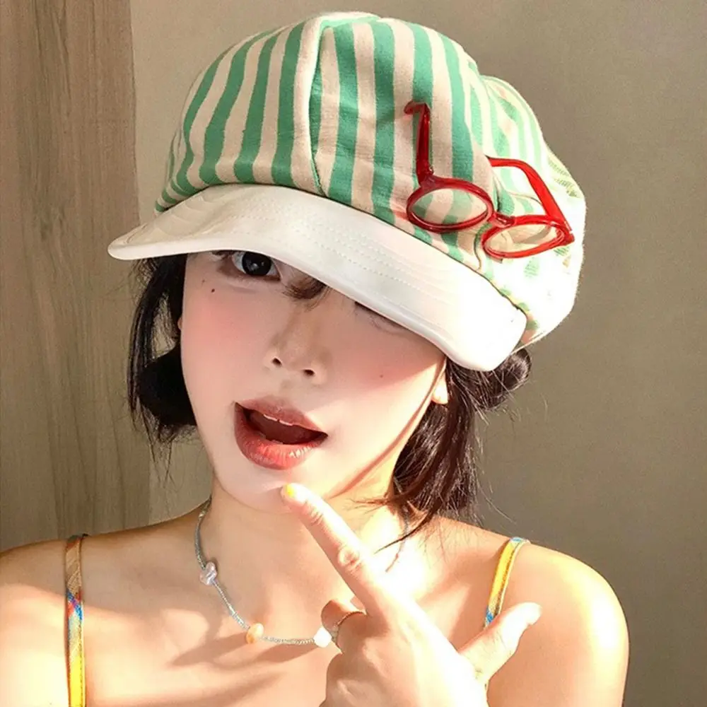 

Vintage Korean Striped Berets Y2k Retro Painter Berets Casual Versatile Beanie Cap Streetwear