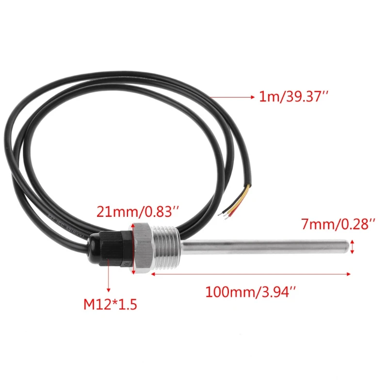 X37E DS18B20 Digital Temperature Sensor G1/2" Thread Probe DIA=7mm 3-core Wire SUS304