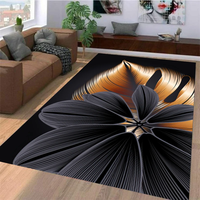 3D Retro Black Golden Plant Leaf Living Room Rugs Home Entrance Carpet Door Mat Non-Slip Hallway Bathroom Mat Kitchen Floor Mat