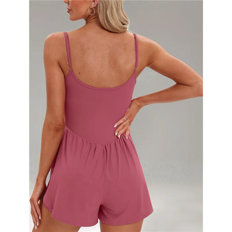 Pagliaccetti estivi senza maniche da donna con cinturino per spaghetti, pantaloncini a doppia fodera, tuta Outfits-A55G