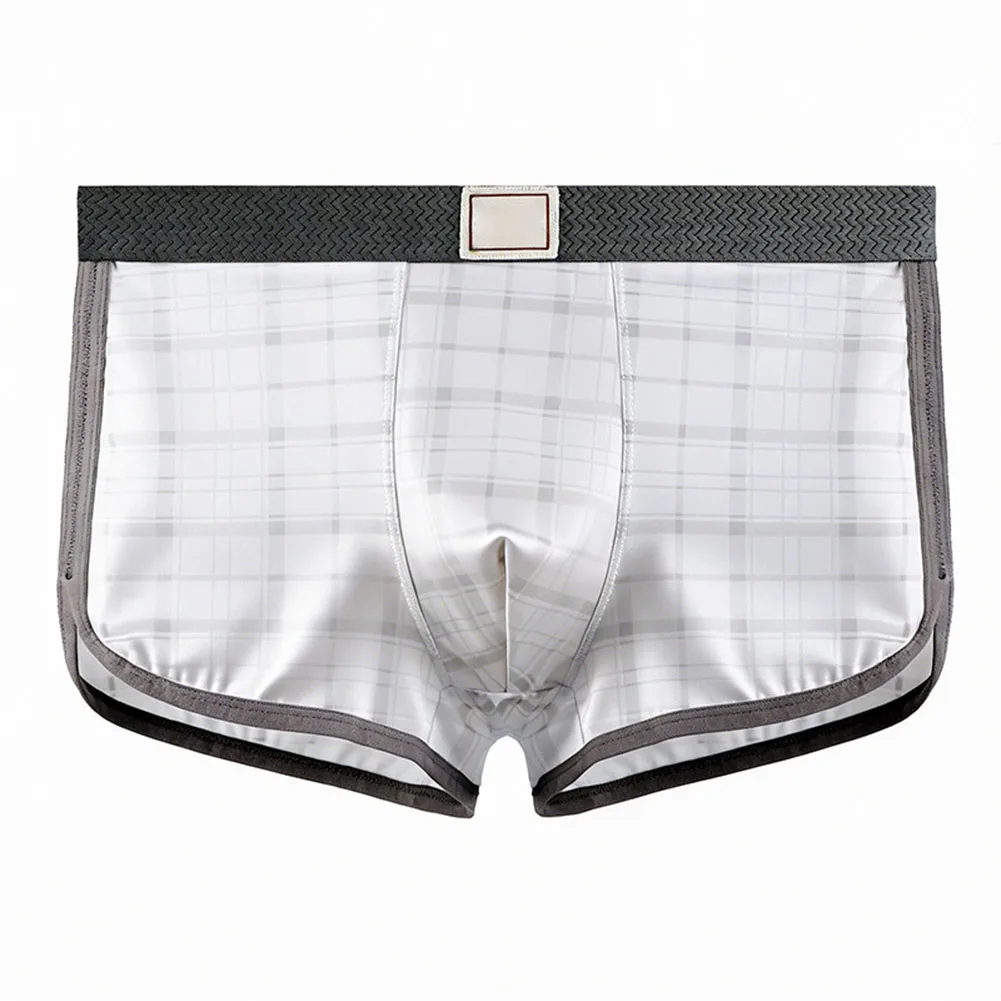 Men Ice Silk Plaid Boxer Shorts Bulge Pouch Underwear Underpants Trunks Panties Breathable Mens Boxers Cuecas Masculinas Boxer