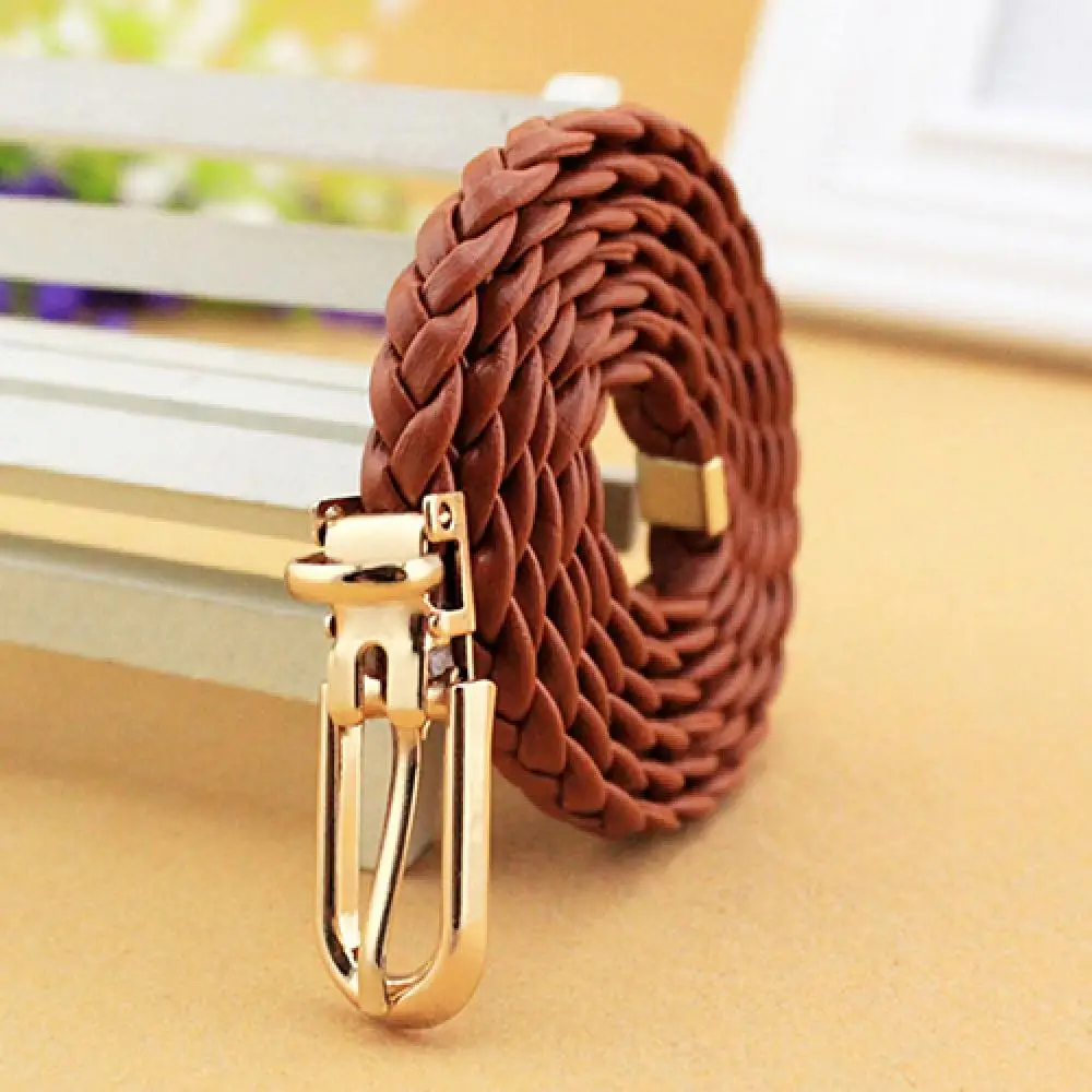 Women Braided PU Leather Narrow Thin Buckle Strap Waist Belt All-Match Waistband Female Thin Belts Ladies Dress Skirt Decoration