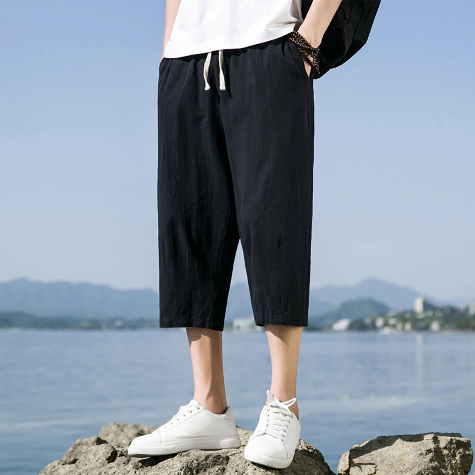 

Loose Shorts Casual Pajamas Pocket Legging Overalls Drawstring Mens Cargo Shorts Outdoor Sports Cotton Linen Solid Pantalones