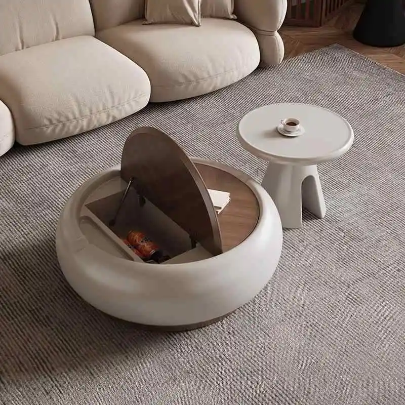 ！@MDF Living Room White Round Coffee Table Combination Living Room Designer Clamshell Storage Coffee Table