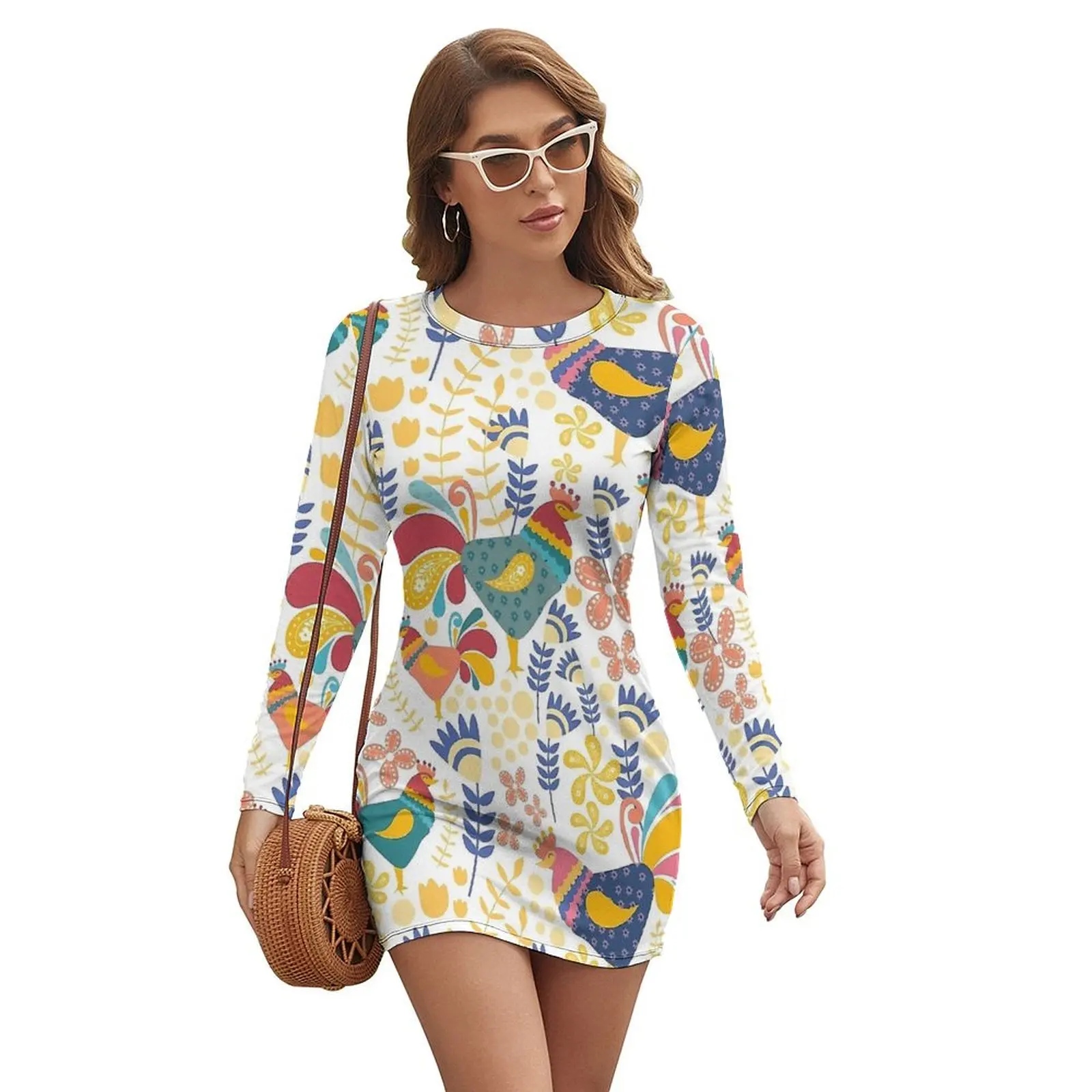 Chickens Chilling Dress Long Sleeve Floral Print Vintage Dresses Spring Ladies Aesthetic Custom Bodycon Dress Big Size