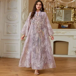 Eid abito da festa musulmano per donna colletto alla coreana Ramadan Abaya abito lungo Zipper Up Pocket Vestidos Largos Dubai Robe Jalabiya 2024