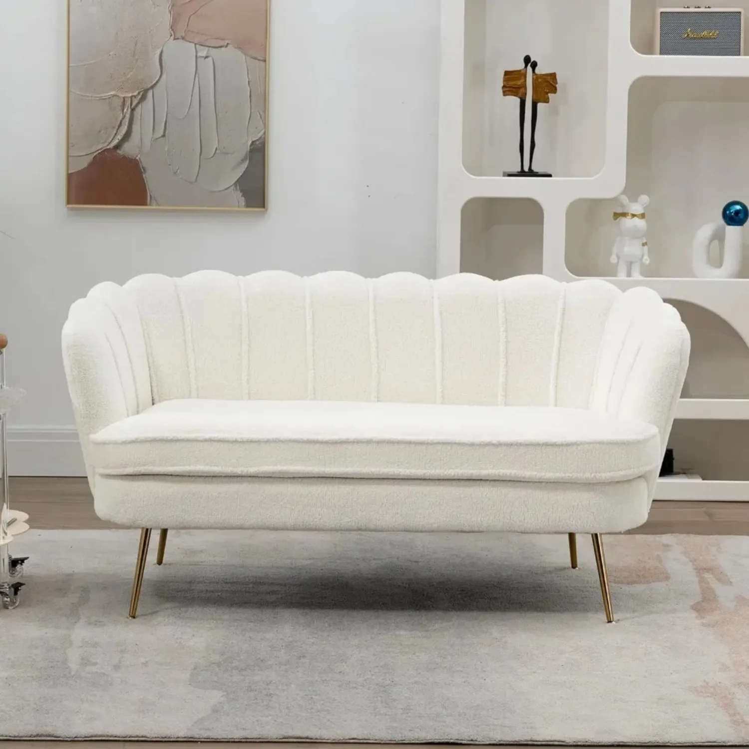 living room sofa Sofa with 2 seats, sofa Teddy Small Sofa with Gold Metal Legs, 59” Modern 2 Sater Sofa with Flower Backrest