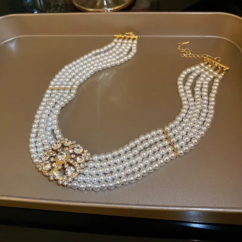 Multi-layer Pearl Choker Necklaces for Women Retro Neckchain Court Fashion Collares Jewelry